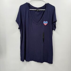 Torrid Navy Blue V Neck T Shirt Patriotic Heart Embroidered‎ Size 1